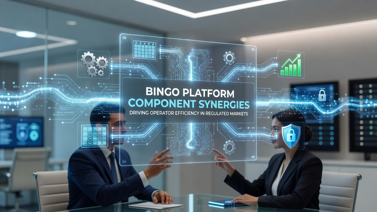 Bingo platform dashboard showing integrated components for game management, payments, and compliance tracking in a regulated environment