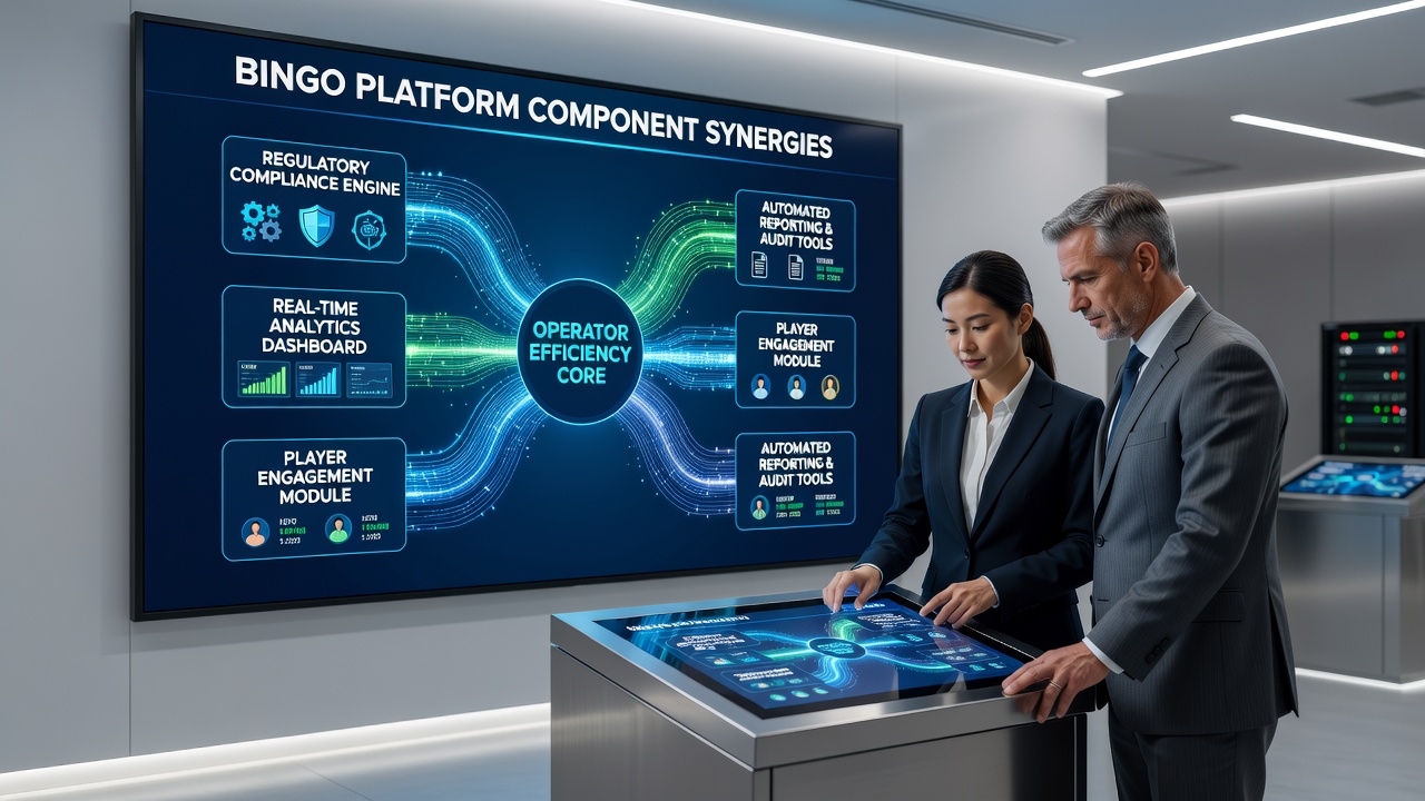 Analytics interface displaying synergy metrics between player tracking, payout modules, adn regulatory oversight tools