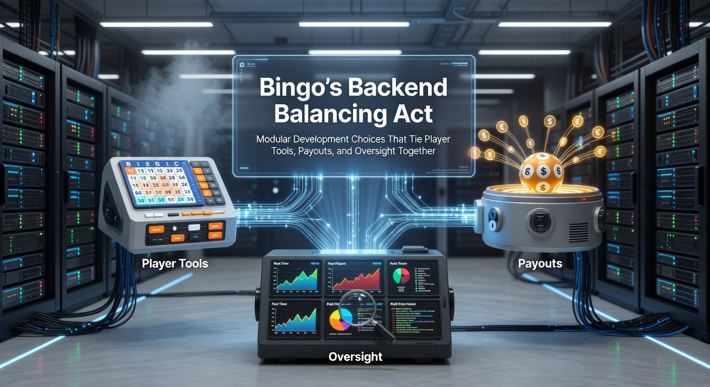 Bingo platform backend architecture diagram showing interconnected modules for player tools, payouts, and regulatory oversight