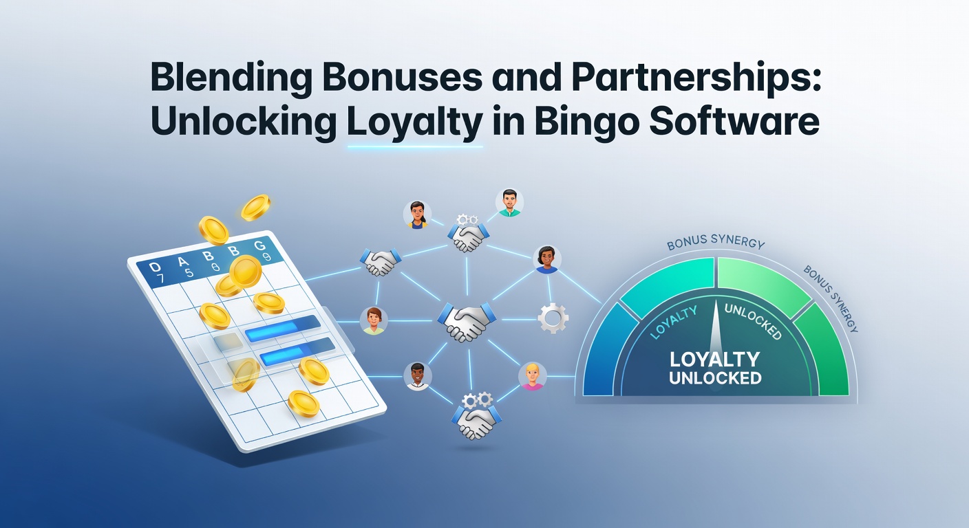 Illustration of bingo cards intertwined with loyalty reward icons and partnership handshake symbols, representing integrated strategies in bingo software