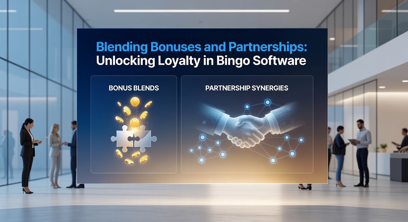 Dynamic graphic showing bingo software dashboard with bonus overlays, partnership logos, and rising loyalty metrics charts