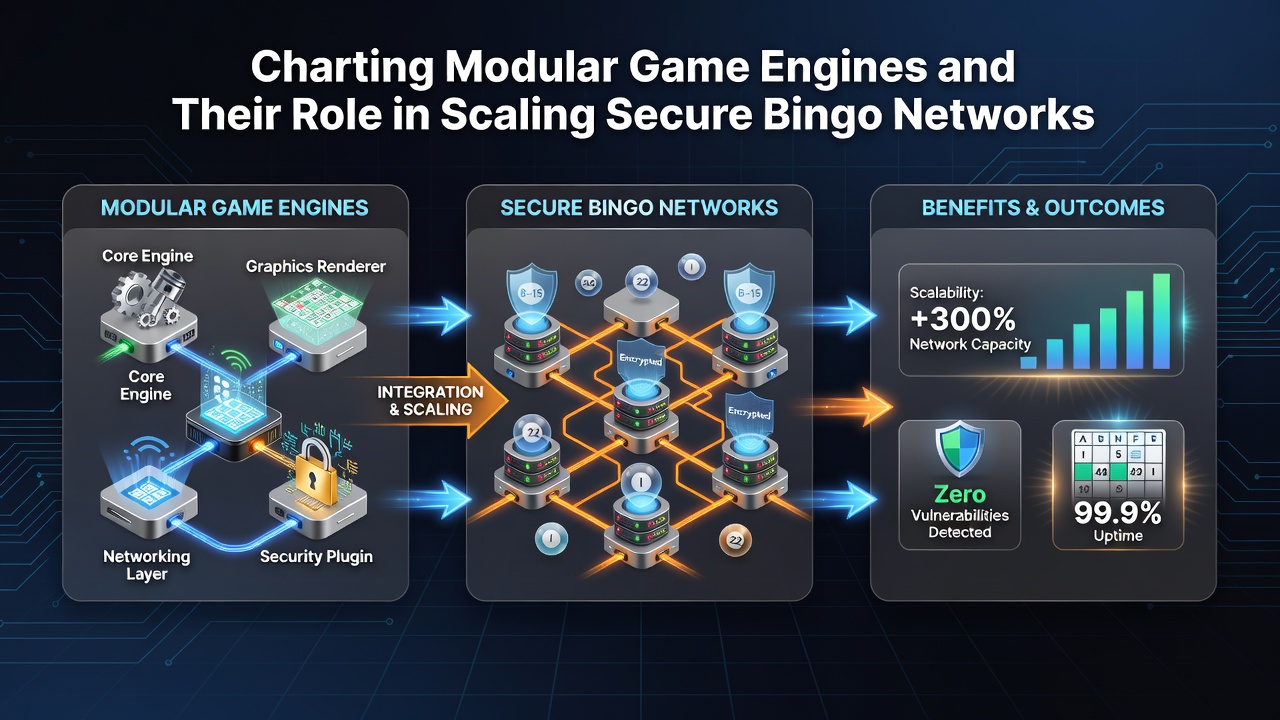 Diagram showing modular components of a bingo game engine including RNG, player management, and security layers