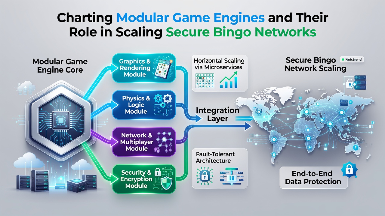 Illustration of a secure bingo network architecture with modular engines connected across multiple regions