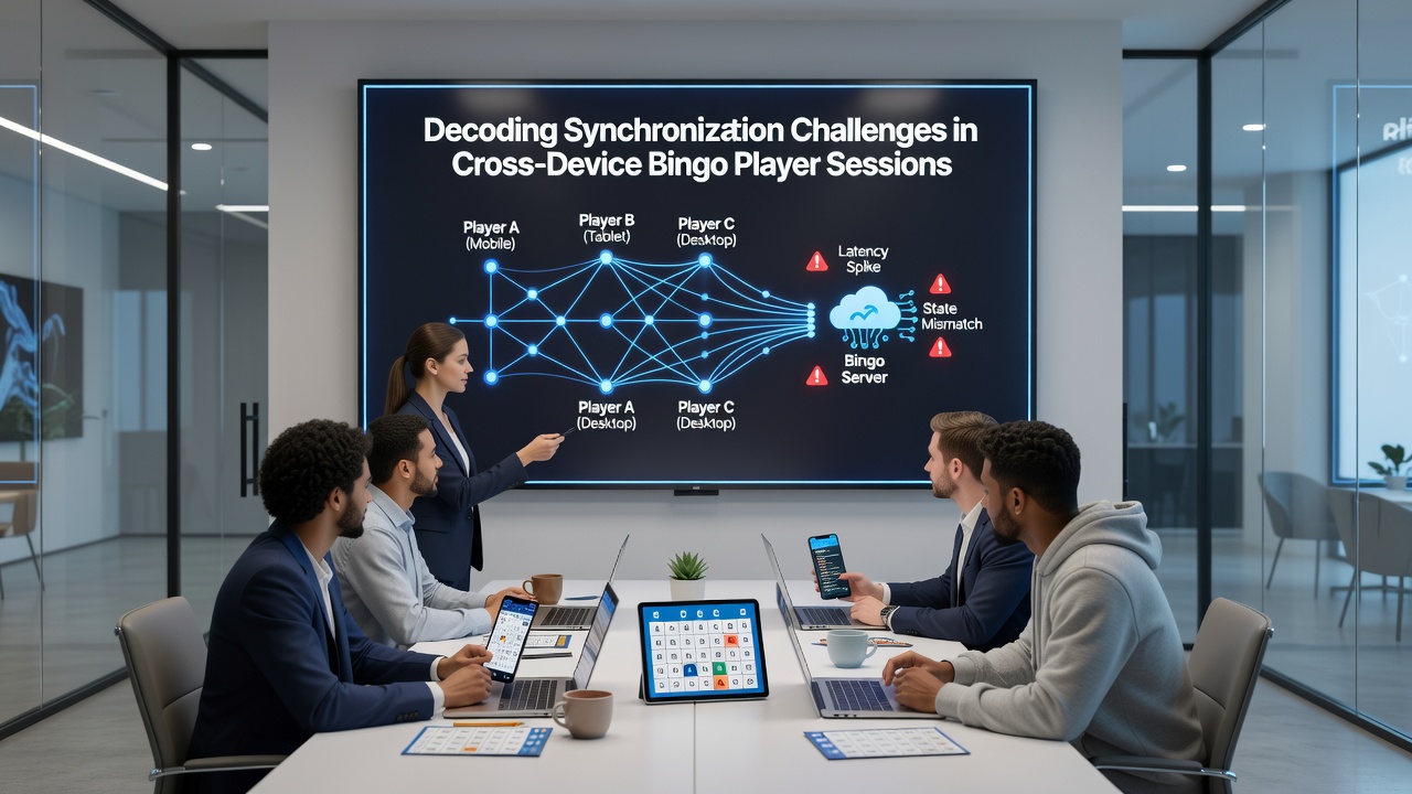 Technical diagram illustrating real-time data synchronization between bingo servers and multiple client devices