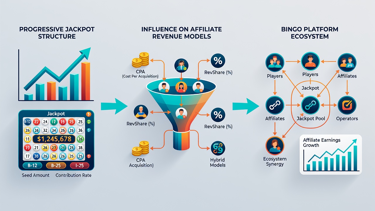 Chart illustrating revenue share percentages and progressive jackpot contribution flows within bingo affiliate ecosystems