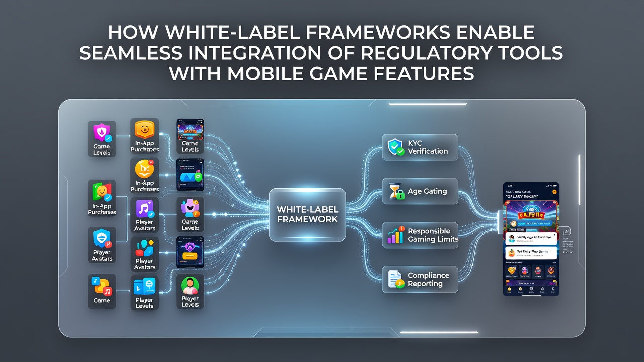 Mobile game screen with integrated compliance notifications and regulatory status indicators