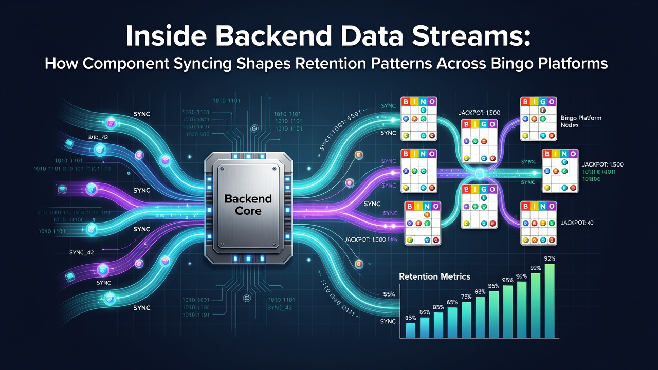 Backend data streams visualization showing component syncing across bingo platform servers and player retention metrics