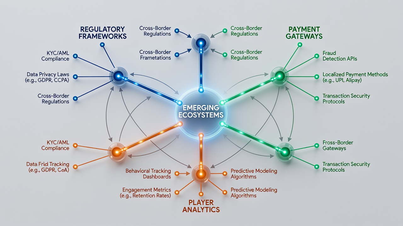 Illustration showing payment gateway data flows feeding into player analytics dashboards under regulatory oversight