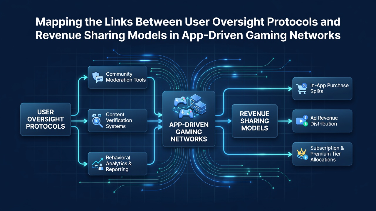 Diagram showing connections between user oversight protocols and revenue distribution in gaming apps