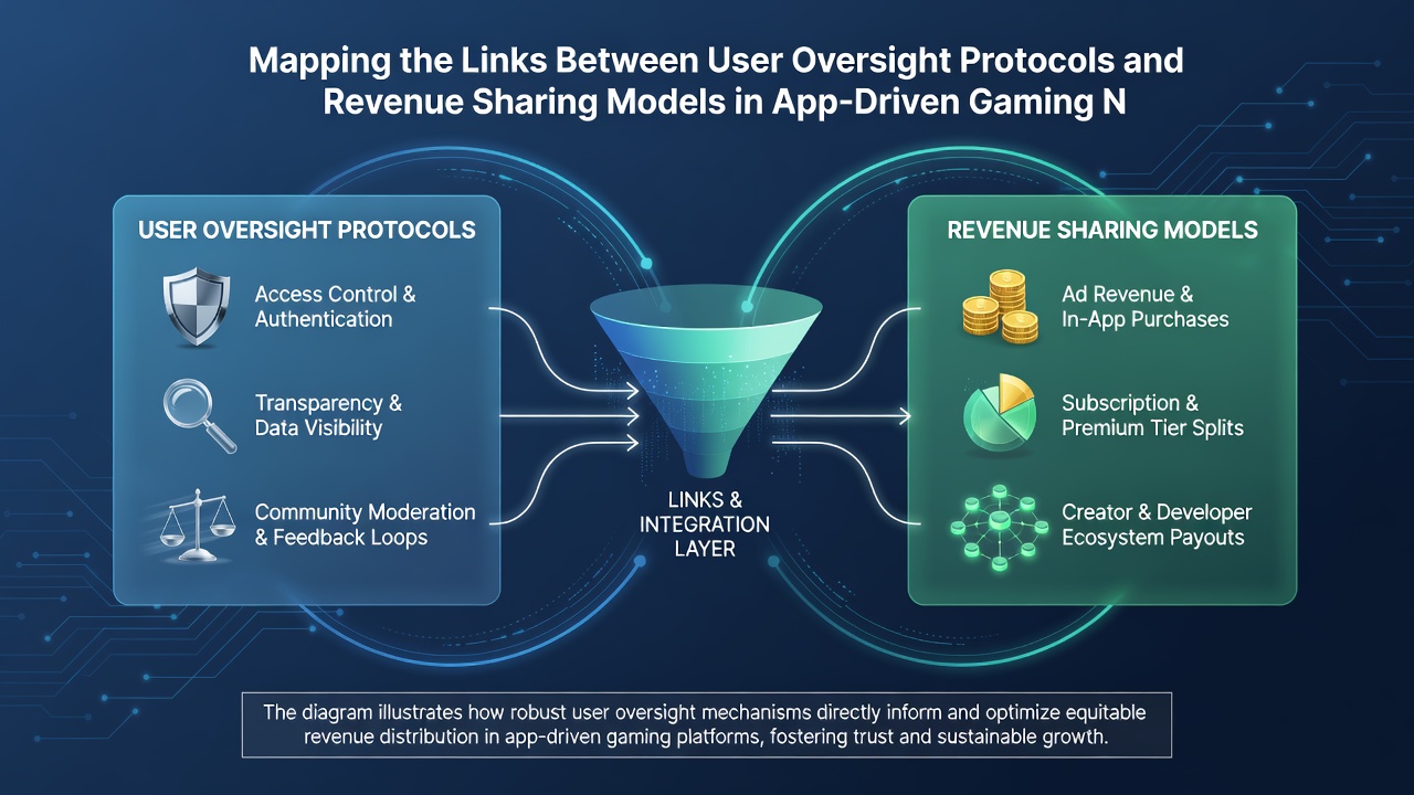 Illustration of revenue flow charts linking oversight checkpoints to distribution percentages in mobile gaming