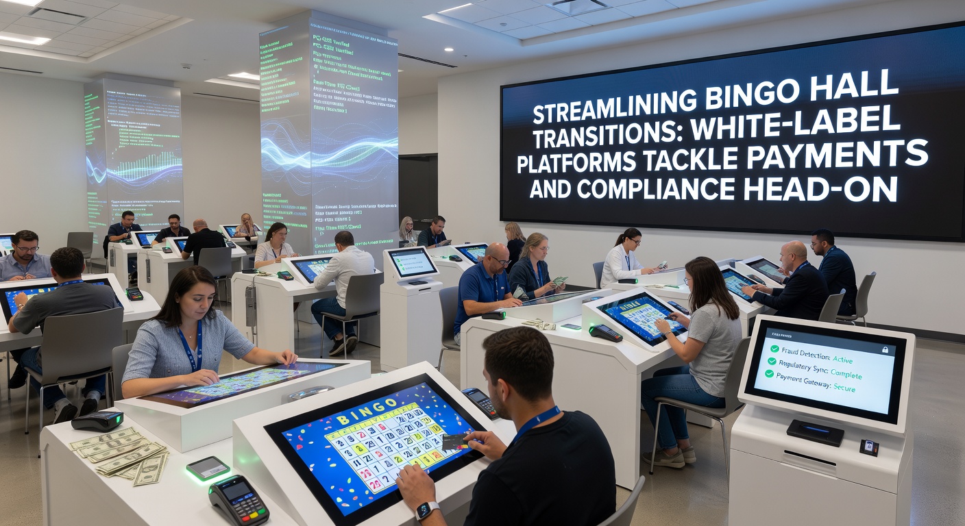 Modern bingo hall interior transitioning to digital displays with integrated payment systems