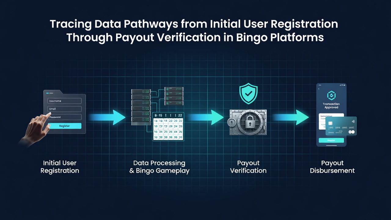 Data flow diagram showing user registration steps connecting to account verification modules in a bingo platform backend