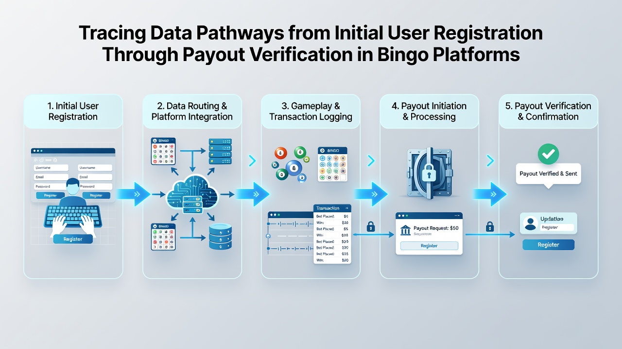Flowchart illustrating payout request processing through verification checkpoints and banking integrations in bingo software