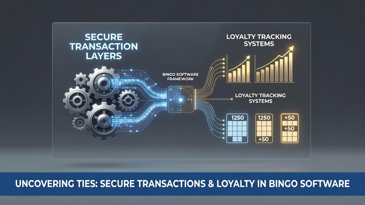 Diagram showing secure transaction flows connected to loyalty tracking modules in bingo software architecture