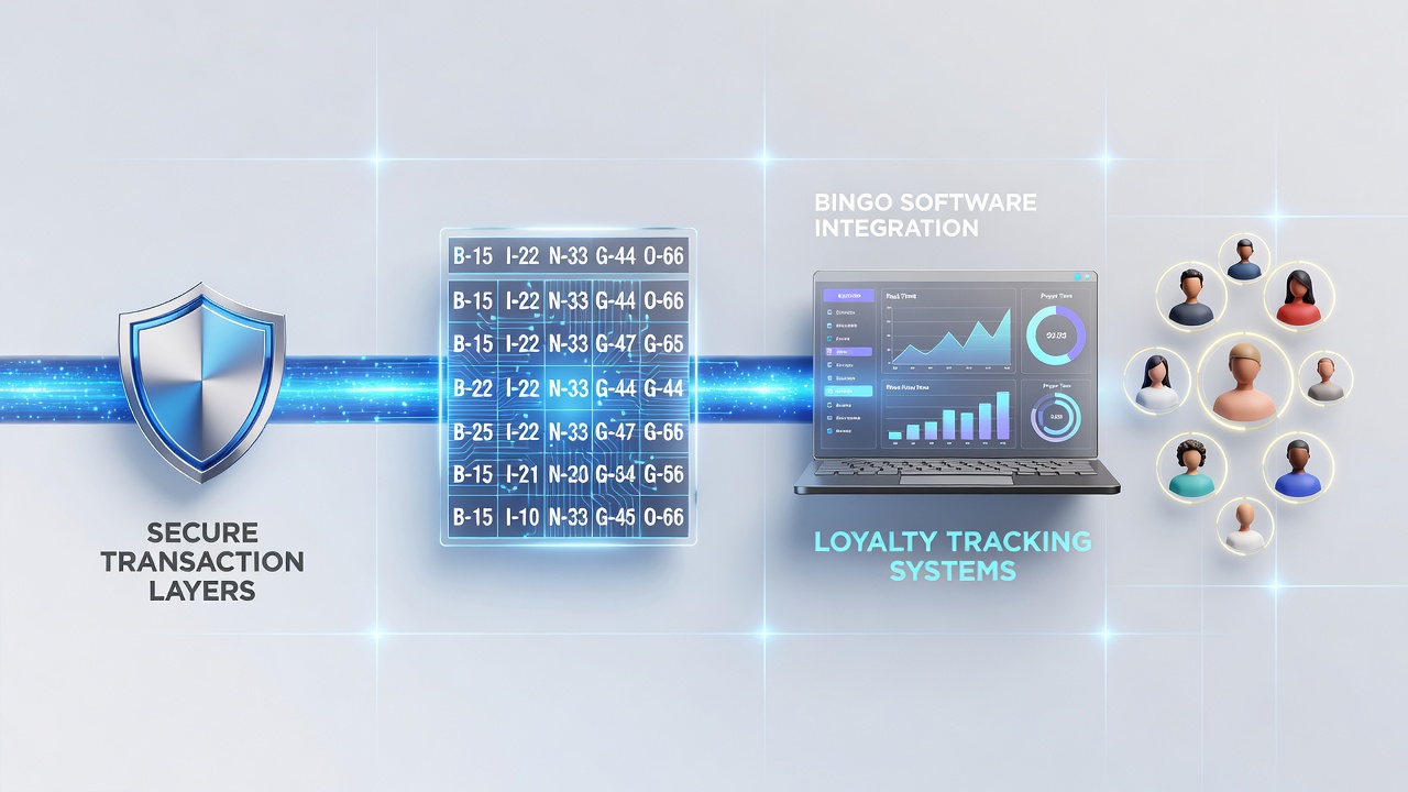 Flowchart illustrating data exchange between encrypted payment modules and player loyalty databases in digital bingo environments